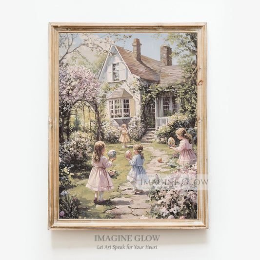 Vintage Easter egg hunt with children in English cottage garden.
