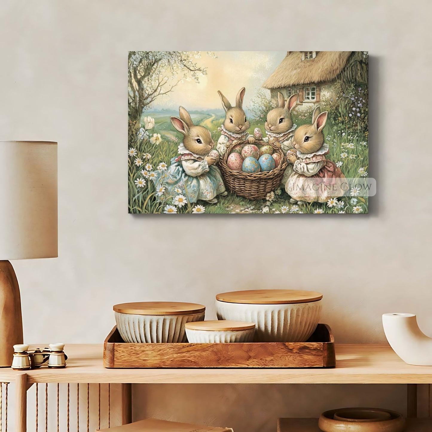 Springtime art print with Victorian rabbits and colorful Easter eggs for classrooms.
