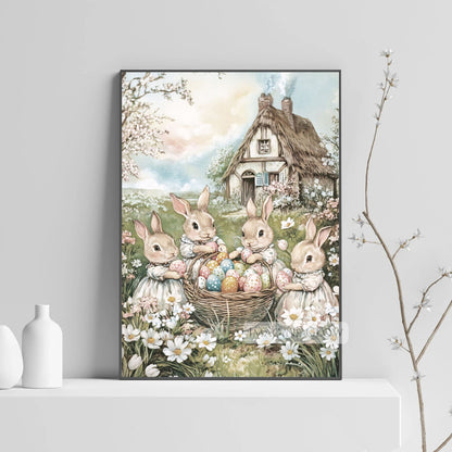 Vintage Easter print featuring Victorian rabbits in a meadow.
