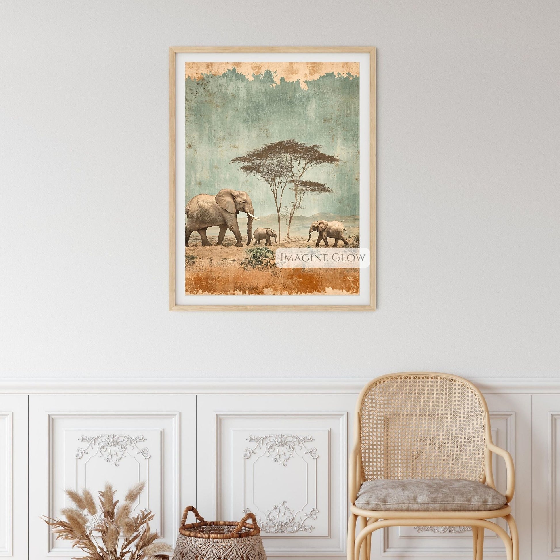 African wildlife art featuring an elephant family.
