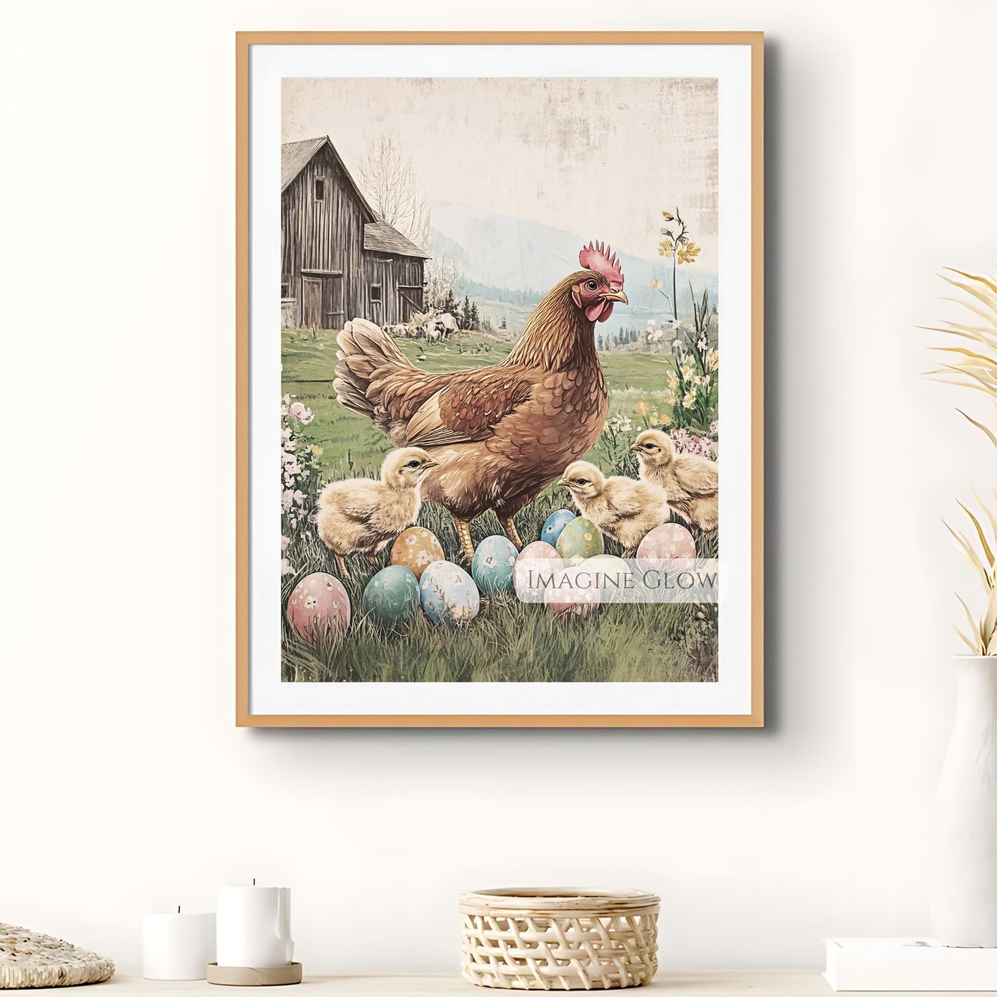 Hen and her chicks in a barnyard vintage art.
