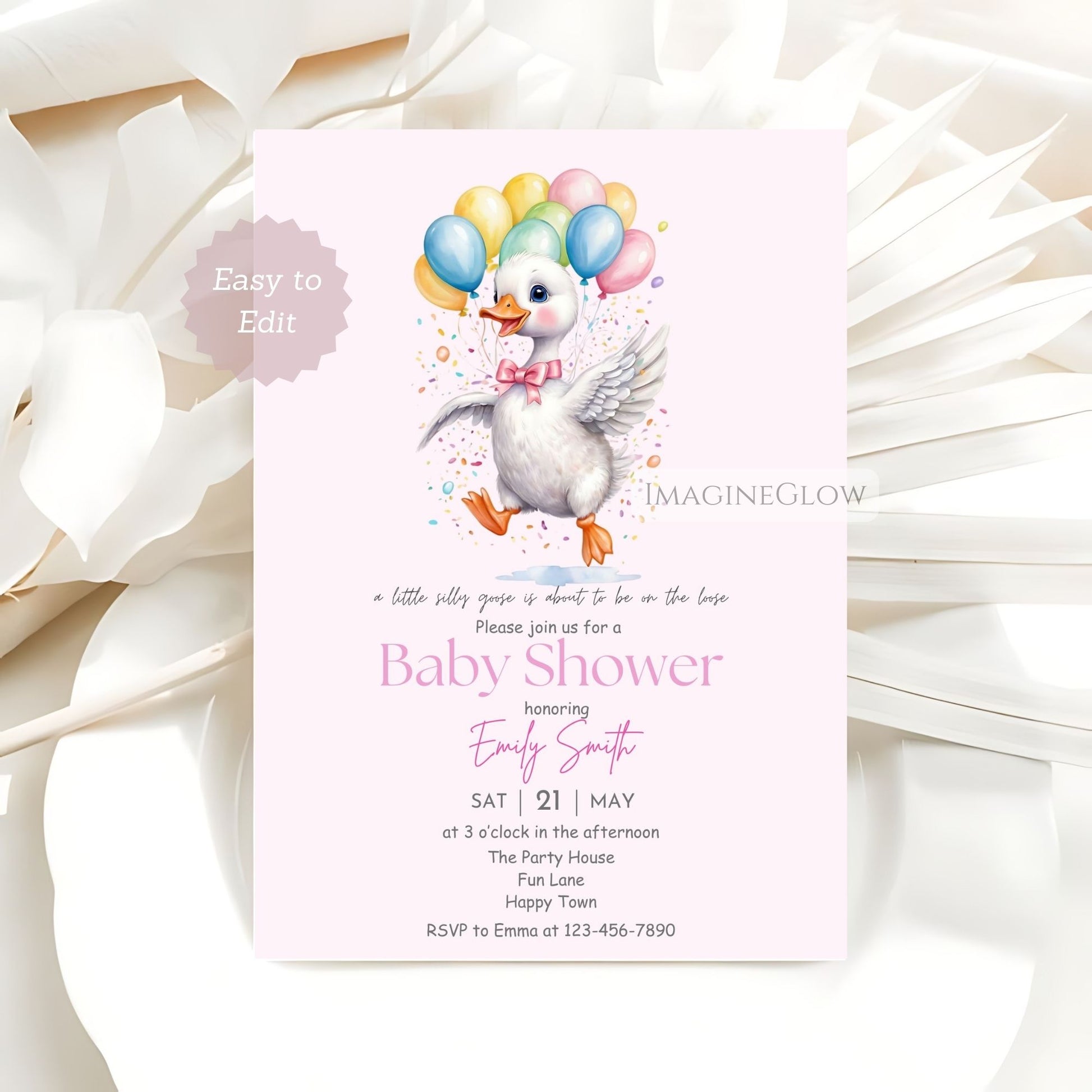 editable pink goose baby shower card
