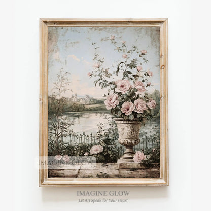 Vintage flower and lake scene art print.
