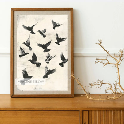 Abstract bird migration print for nature-inspired spaces.
