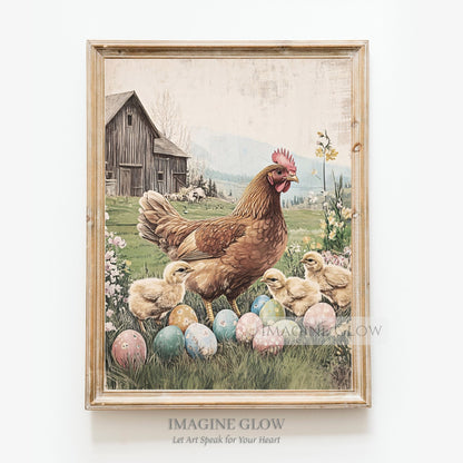 Vintage Easter print with hen and chicks in barn.
