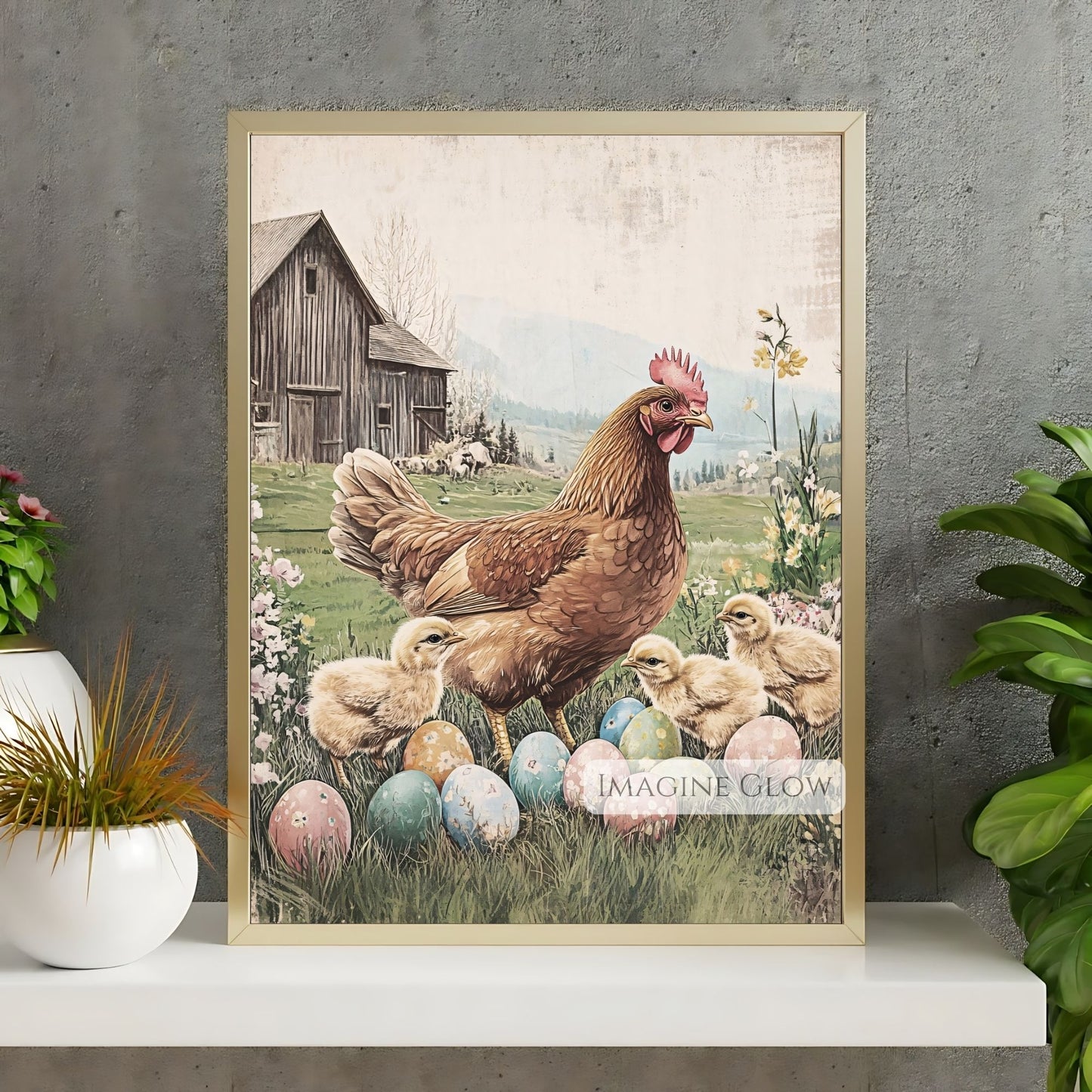 Pastel-colored Easter eggs and chicks with vintage hen art.