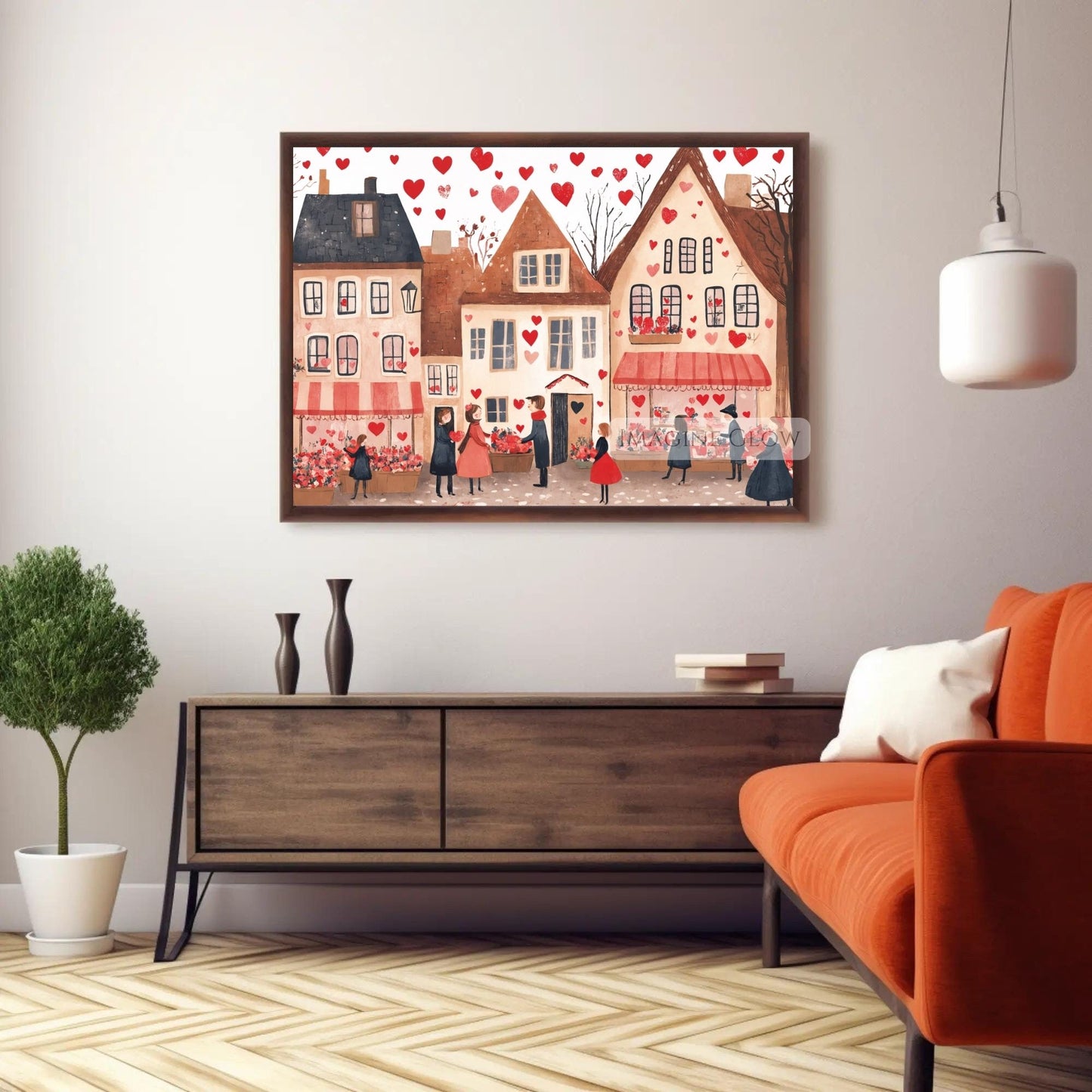 Romantic printable wall art of a cozy village with heart details
