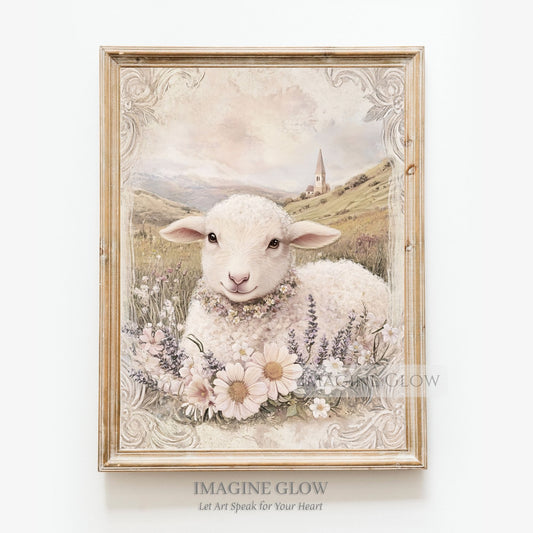 Pastoral spring lamb in meadow vintage art print.
