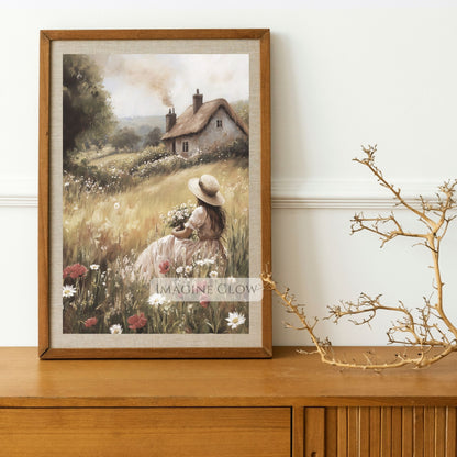 Vintage-style spring landscape with woman gathering flowers.
