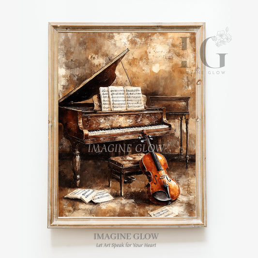 Vintage music room old print with a grand piano, sheet music, and violin.
Antique music wall art featuring a piano and violin in a nostalgic setting.
Elegant vintage music room print with classical instruments and sheet music.
Timeless old print of a music room with a piano, violin, and antique charm.
