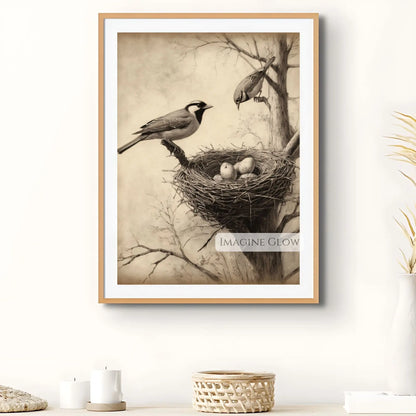 Vintage Bird Nest With Eggs - Spring prints Rustic Home Decor