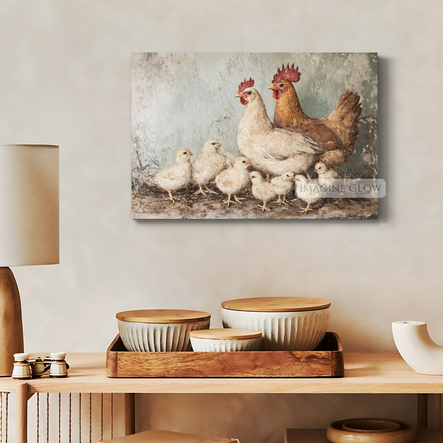 Mother chicken with chicks vintage painting
