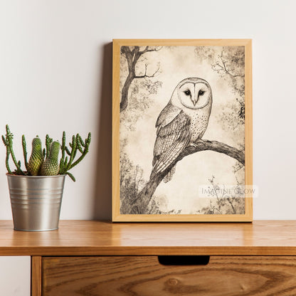 Hand-drawn owl sketch vintage print for rustic home decor.

