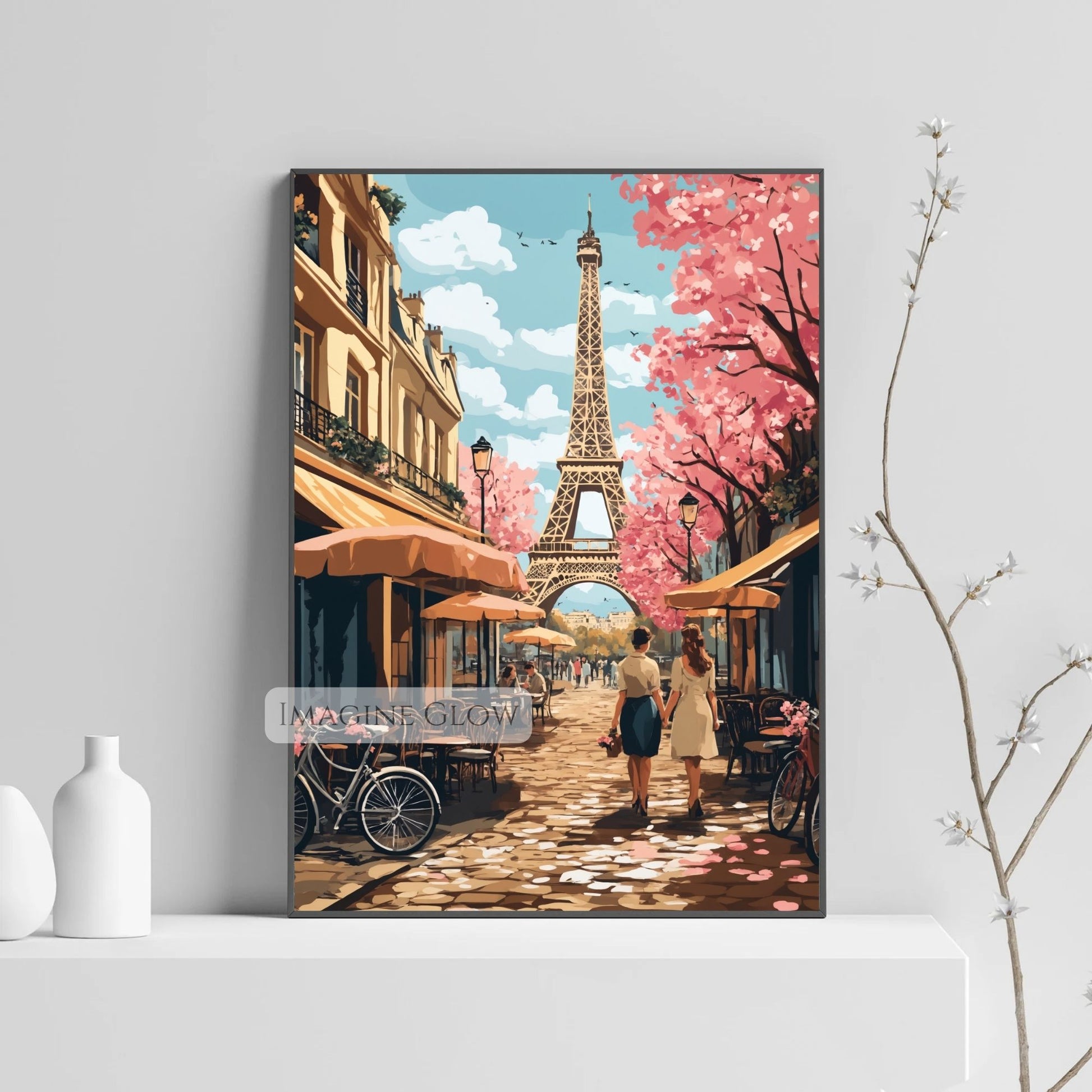 Parisian springtime wall art with flowers and the Eiffel Tower.