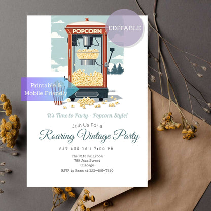 Popcorn machine party invitation featuring retro snack theme, perfect for movie nights, birthdays, or themed parties, available as a digital download

Fun vintage popcorn invitation for a retro-themed party, easy to download and print for birthdays, movie nights, and special celebrations