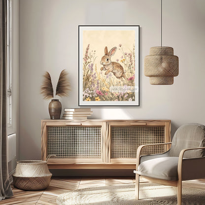 Wildflower bunny painting in a rustic vintage style.
