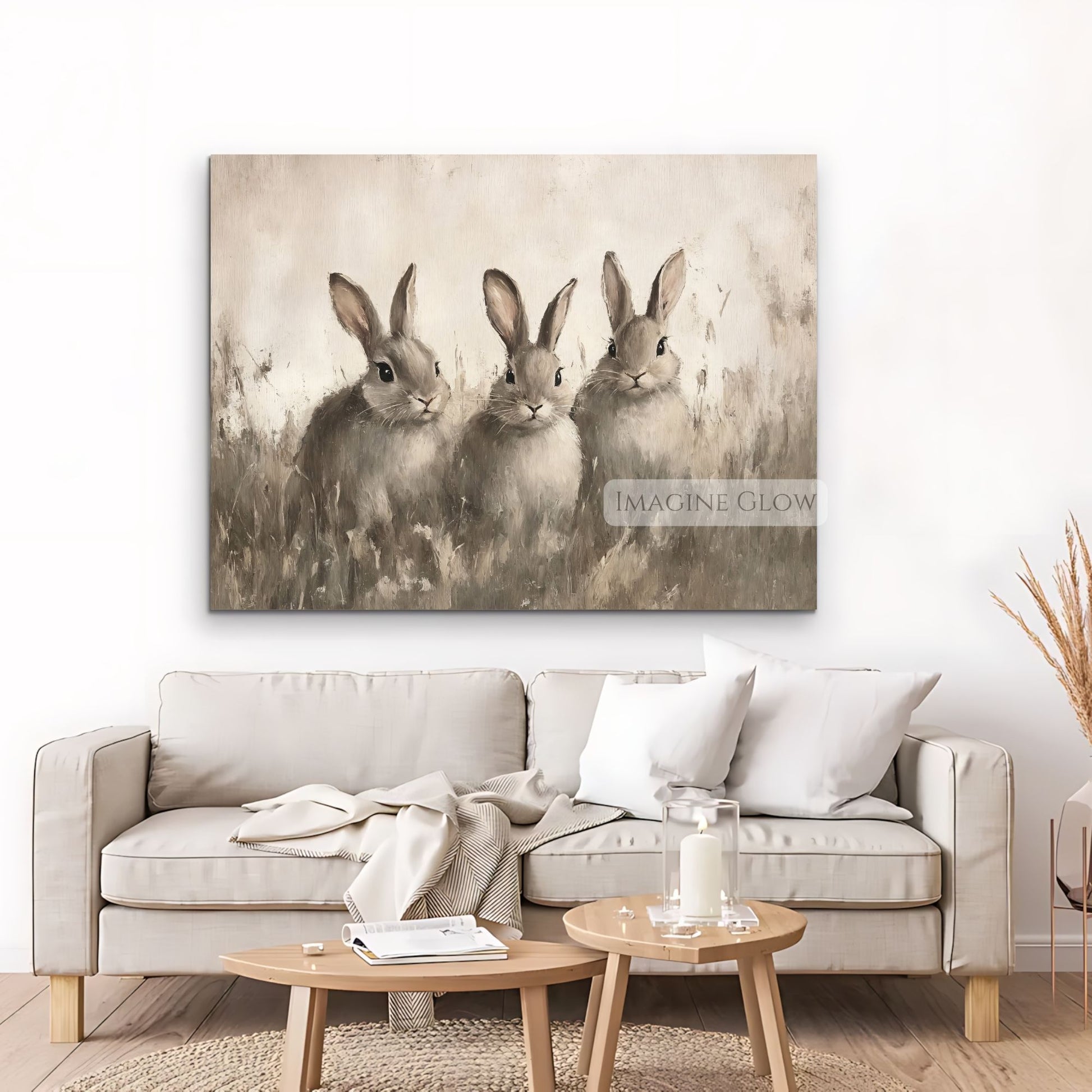 Nature-inspired vintage art of three rabbits in a meadow
