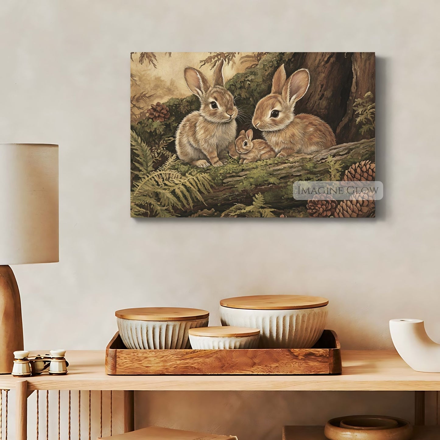 Charming vintage rabbit family in forest illustration.