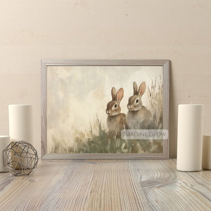 Rustic animal painting of two rabbits in a field