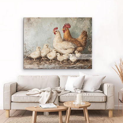 Vintage rustic artwork of chicken family with chicks