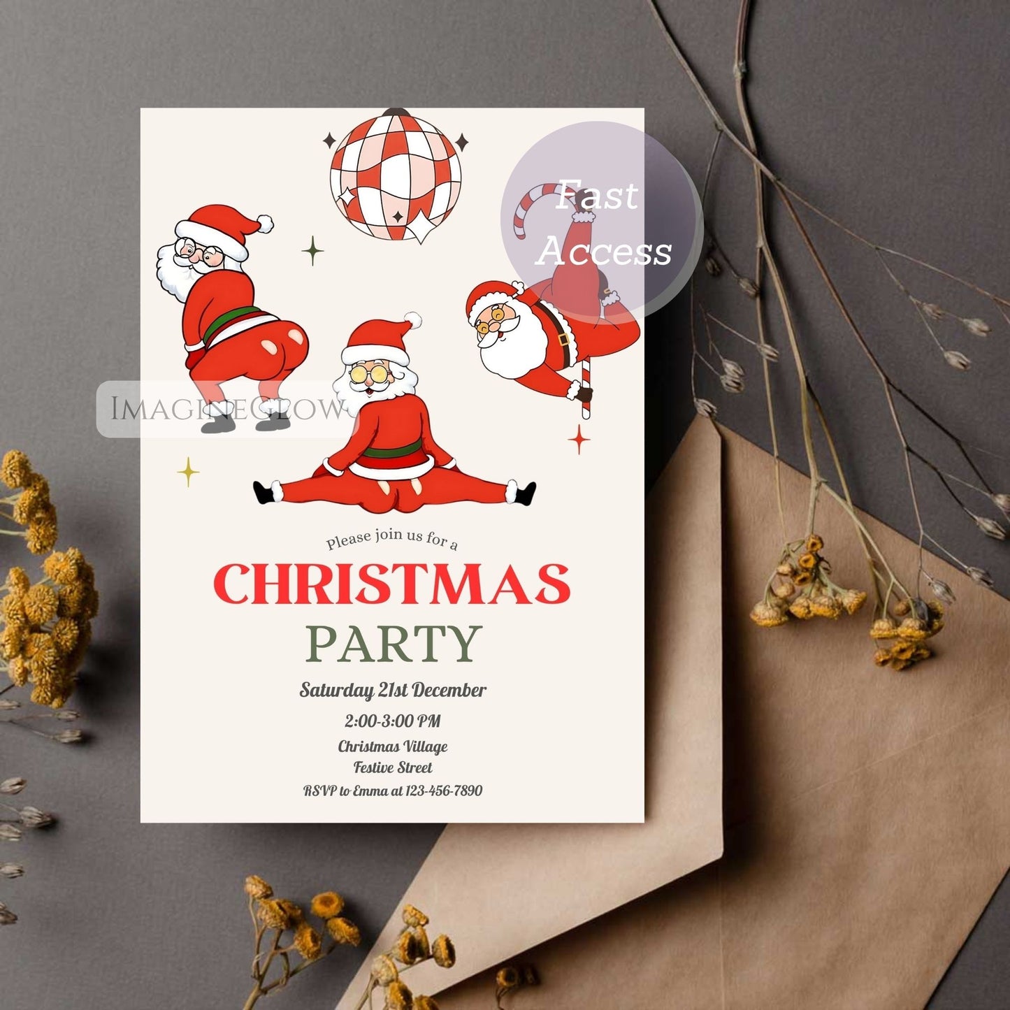Christmas party invitation with cartoon Santa Claus on a gray background