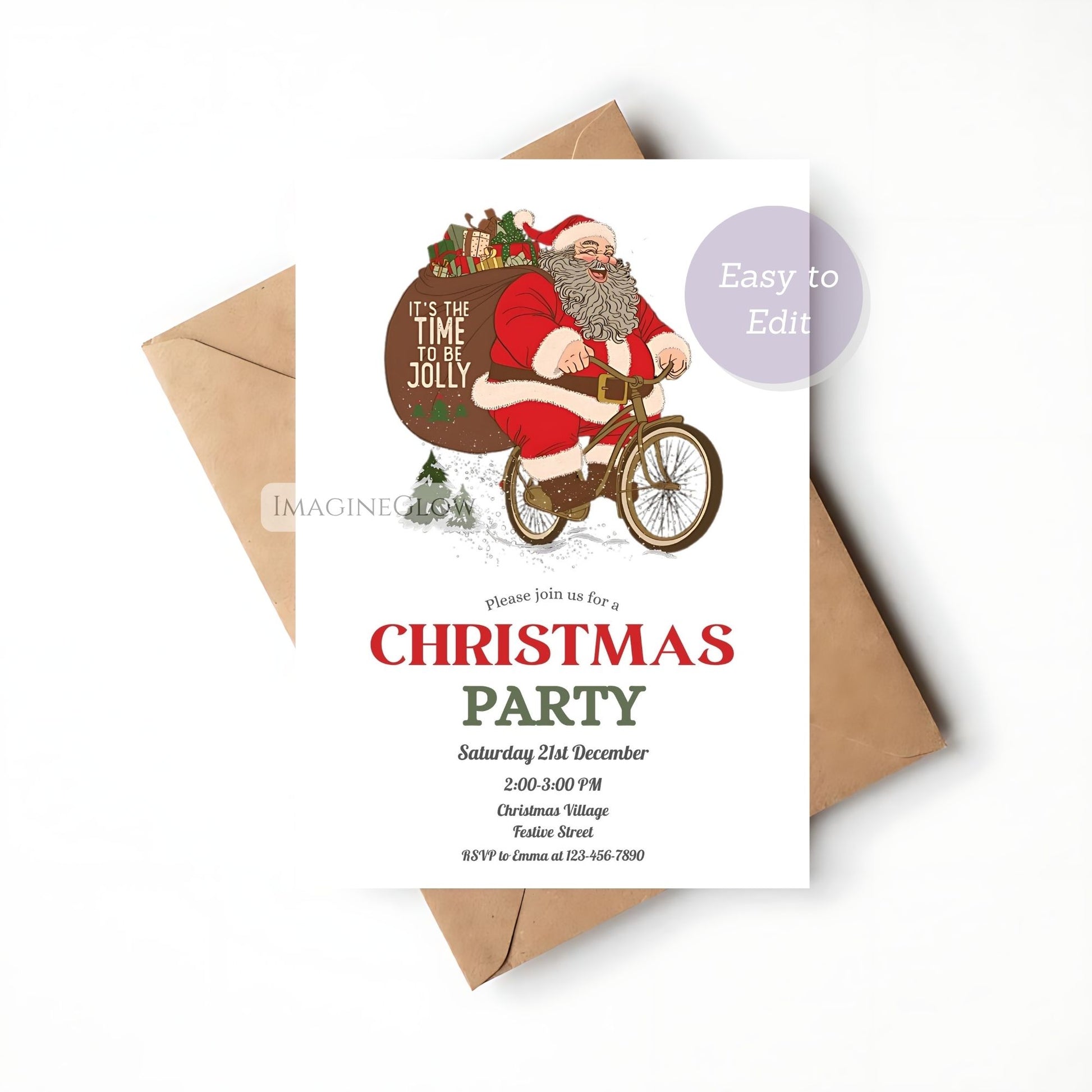 Christmas party invitation with Santa Claus on a bike and envelope