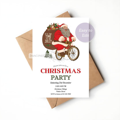Christmas party invitation with Santa Claus on a bike and envelope