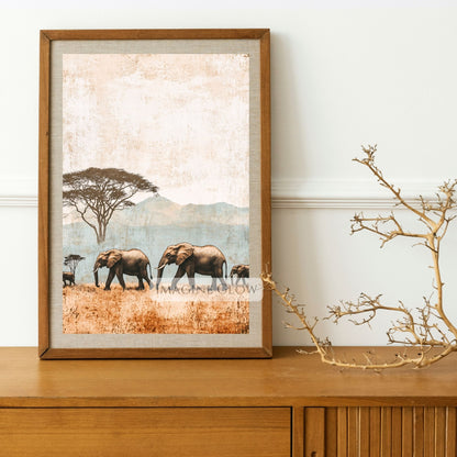 African elephants family in the wild savanna artwork.

