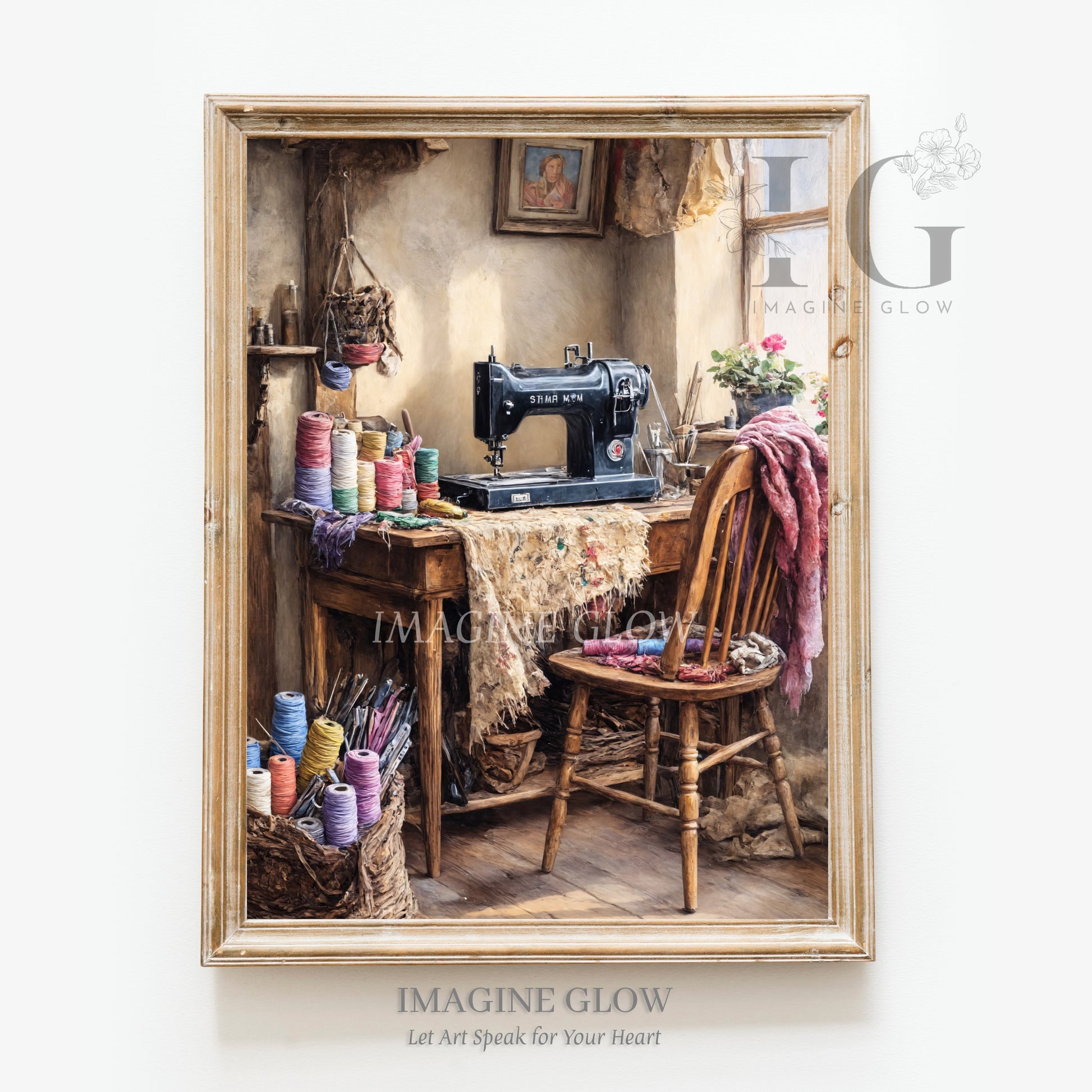 Vintage sewing room artwork featuring an old-fashioned sewing machine with spools of thread and fabric.