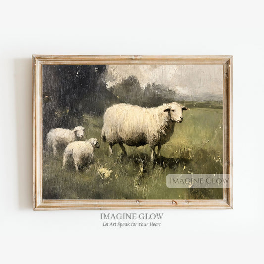 Vintage oil painting of sheep and lambs

