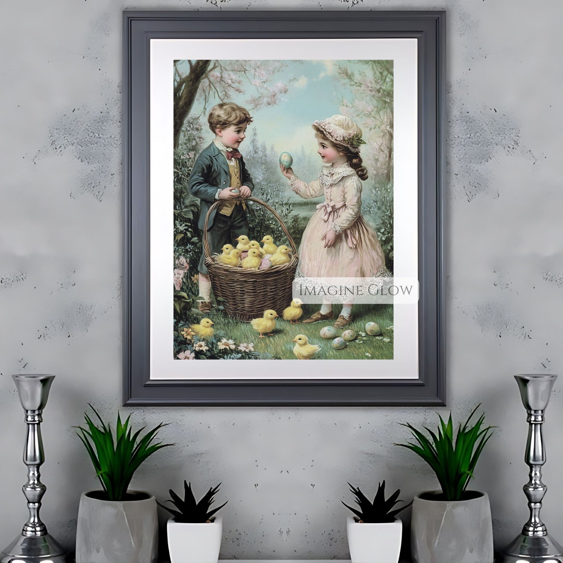 Vintage Easter art featuring children, chicks, and Easter eggs in a garden.

