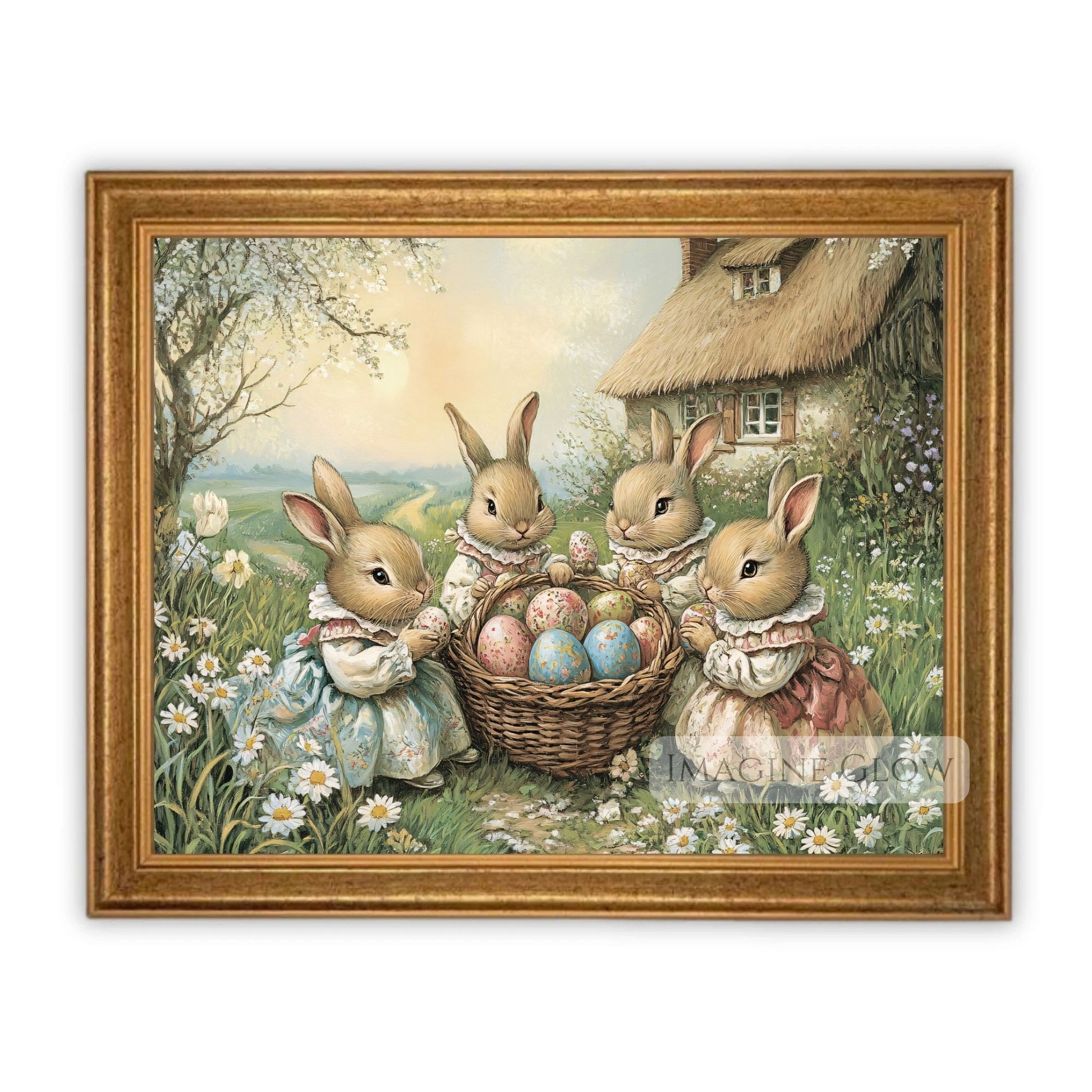 Charming Victorian rabbits in a spring meadow with Easter eggs for nursery walls.
