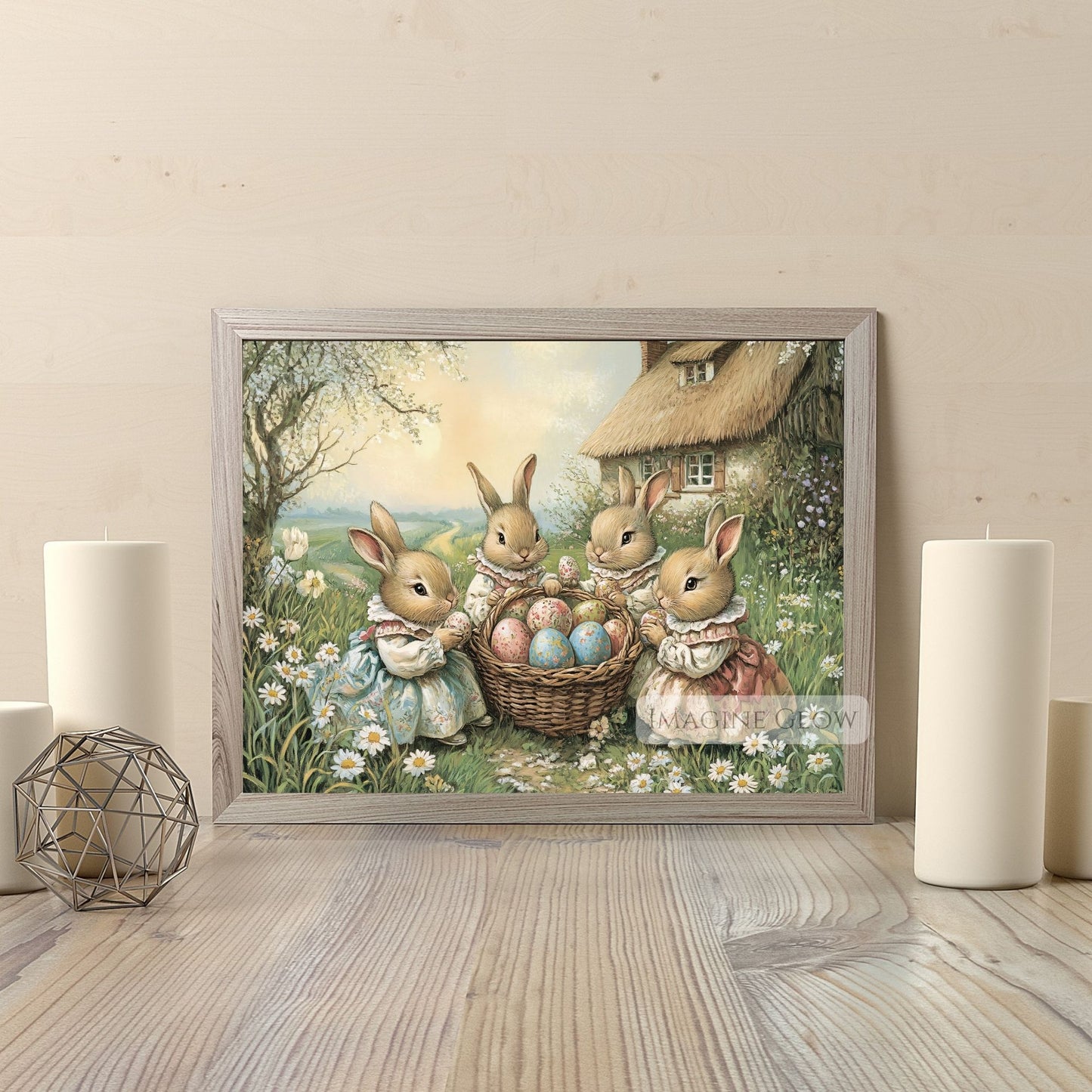 Classic spring art featuring Victorian rabbits and Easter eggs for Easter celebrations.
