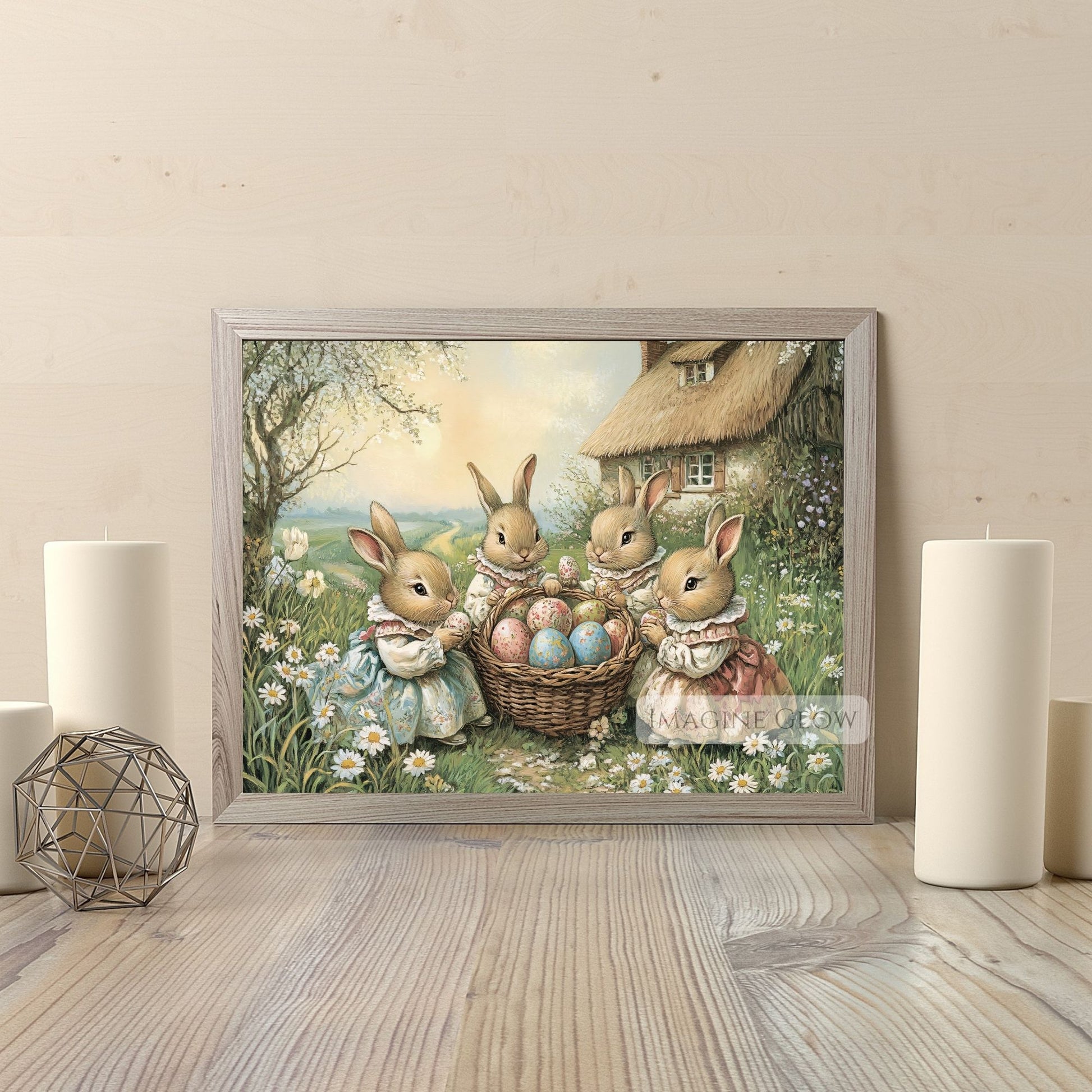 Classic spring art featuring Victorian rabbits and Easter eggs for Easter celebrations.
