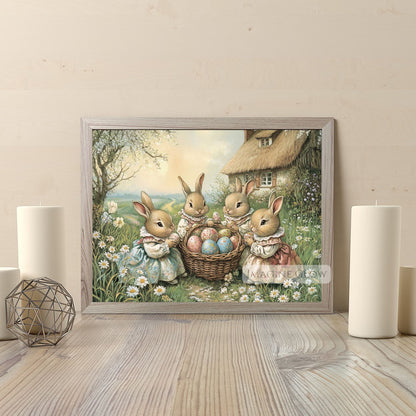 Classic spring art featuring Victorian rabbits and Easter eggs for Easter celebrations.
