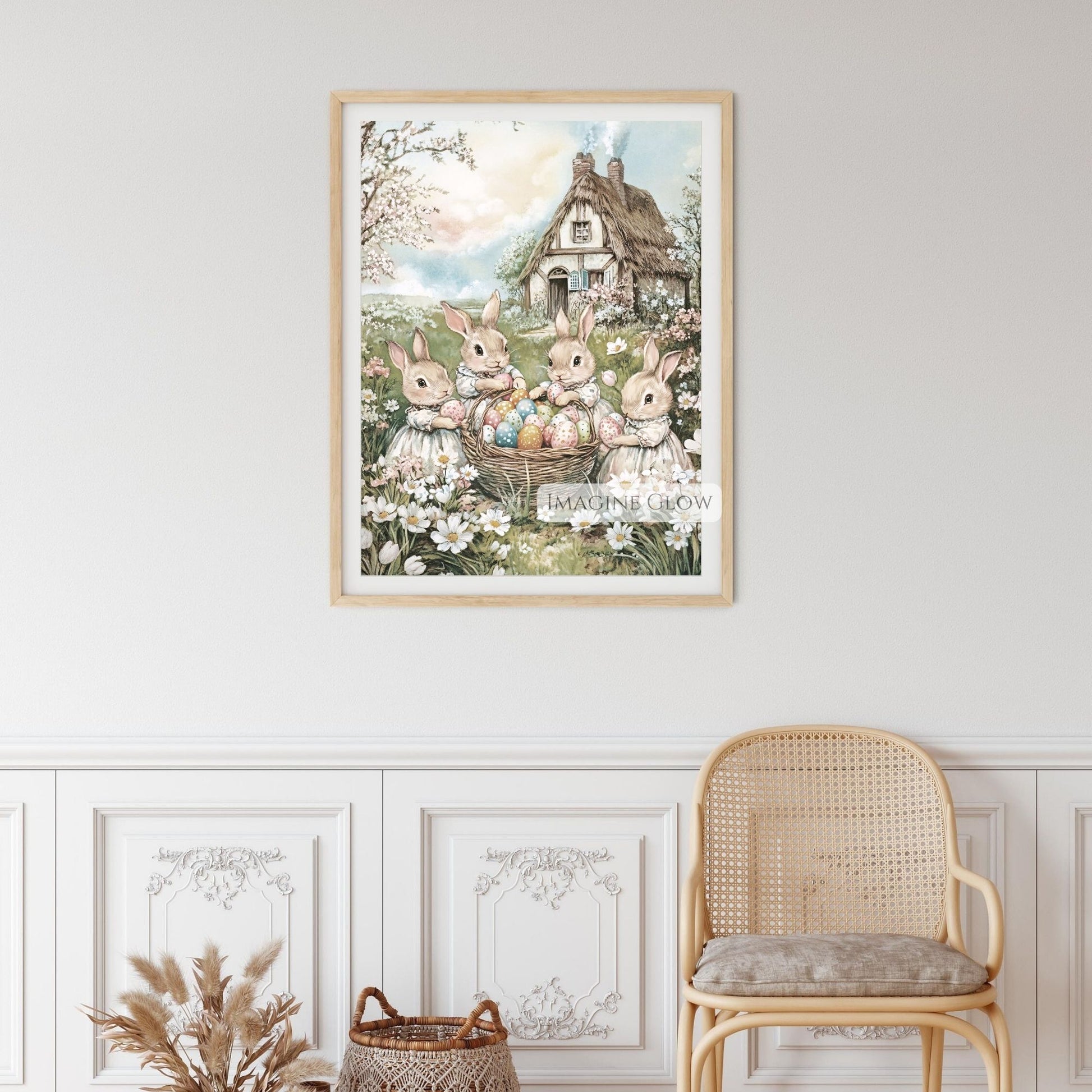 Vintage spring art print with Victorian bunnies and Easter eggs.
