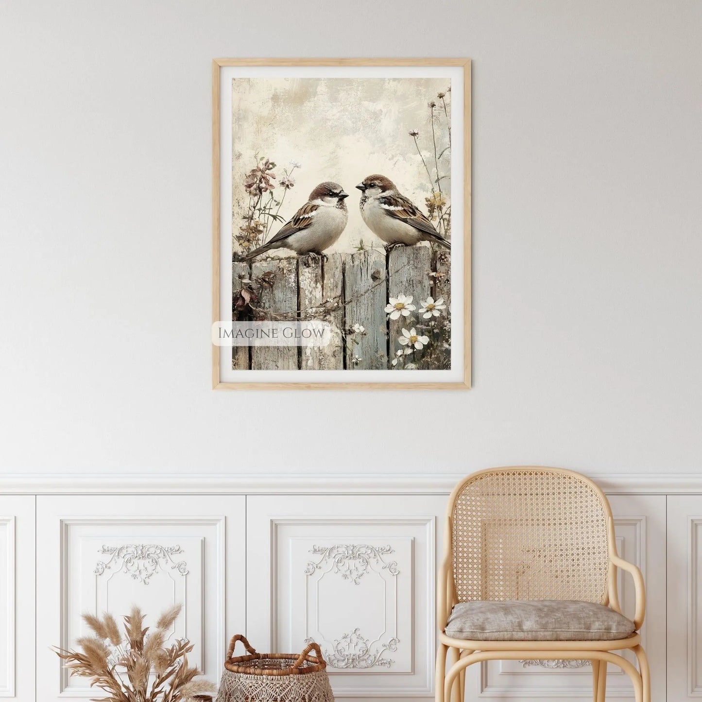 Romantic bird illustration with floral details.
