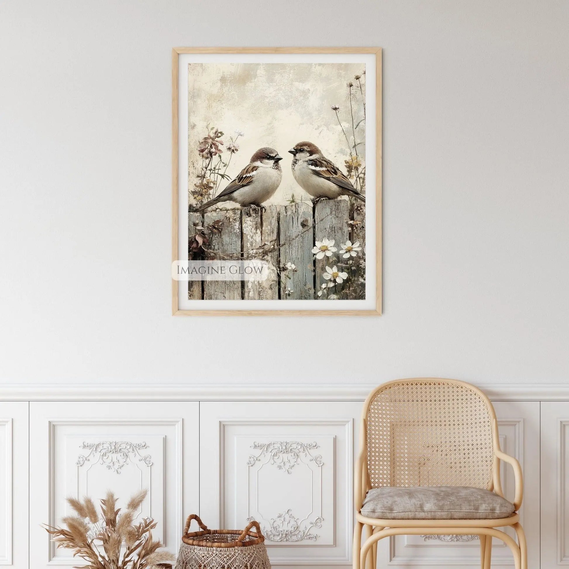 Romantic bird illustration with floral details.
