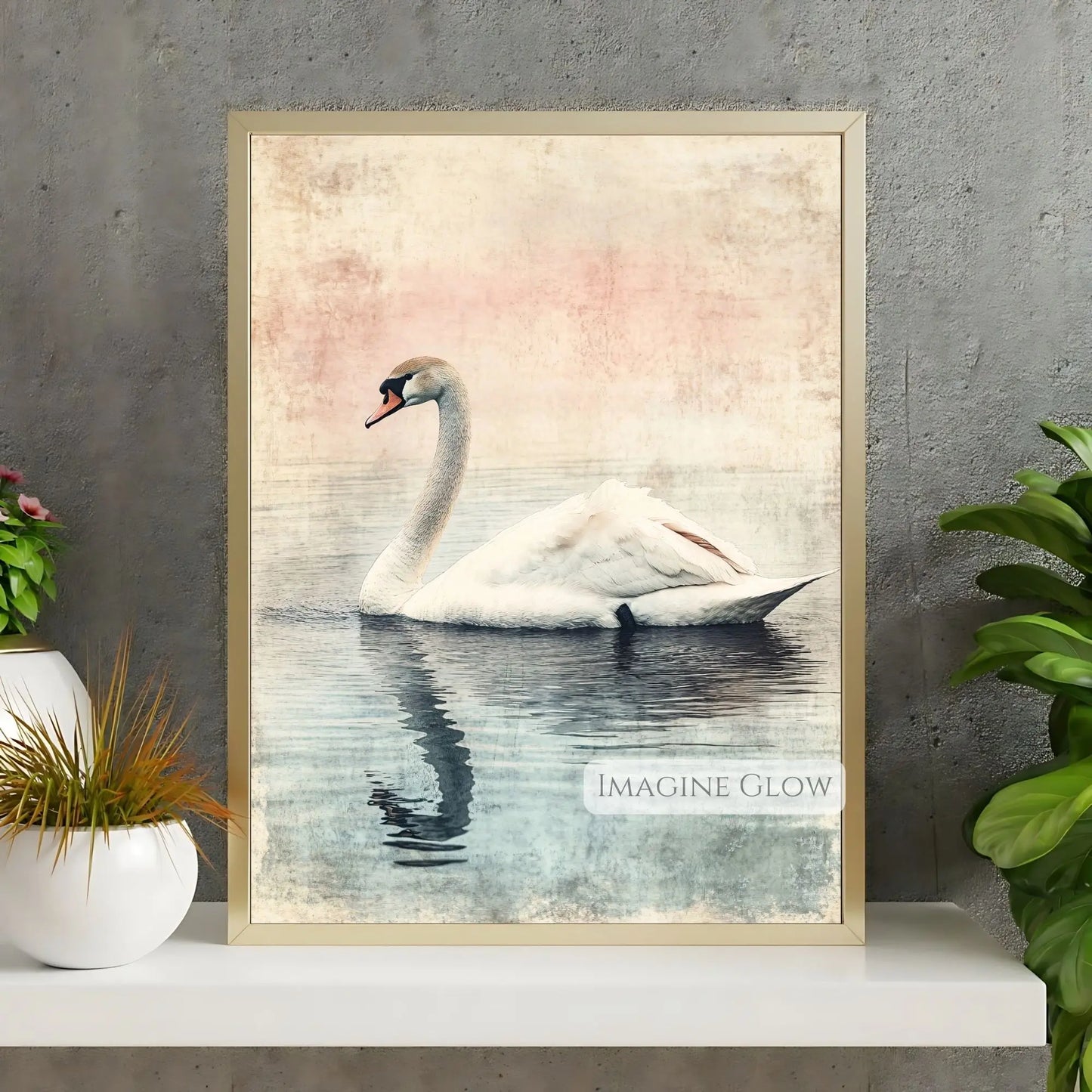 Swan in a serene lake antique watercolor art