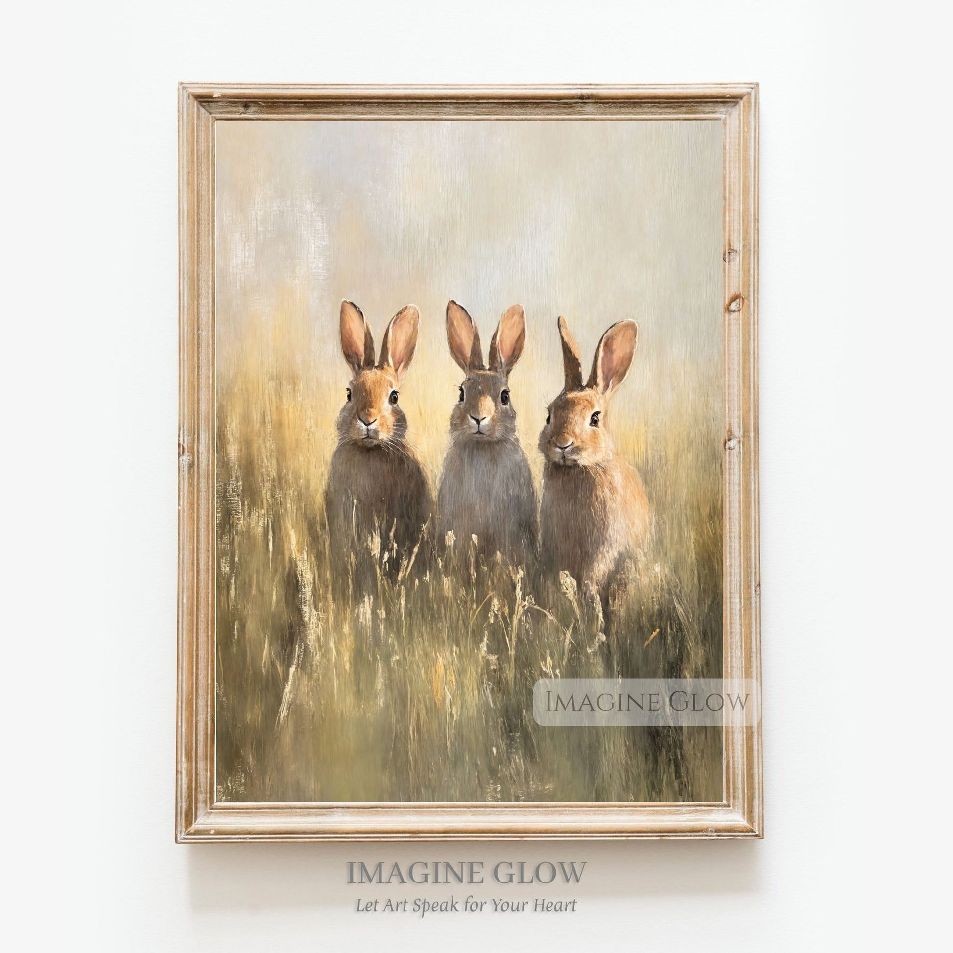 Vintage painting of three bunnies in grassy field
