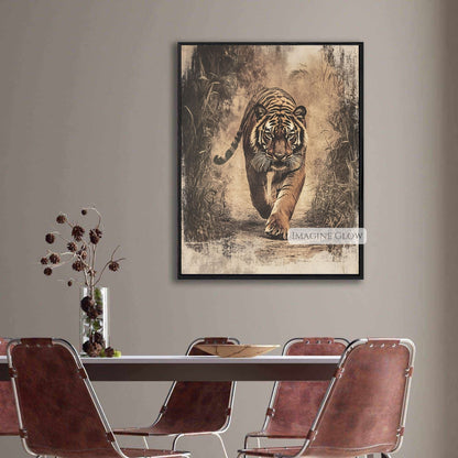 Nature wildlife art of vintage tiger in jungle.
