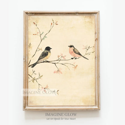 Elegant vintage bird art featuring two birds on a flowering branch
