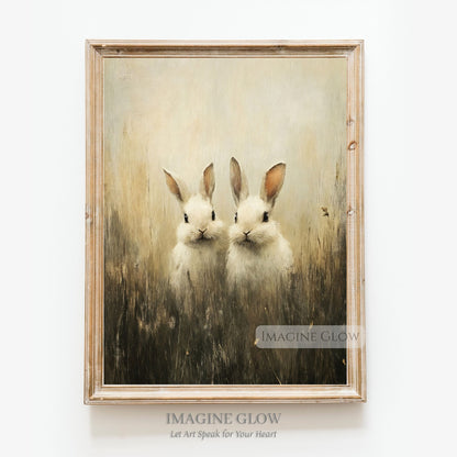 Vintage painting of two bunnies in grassy field
