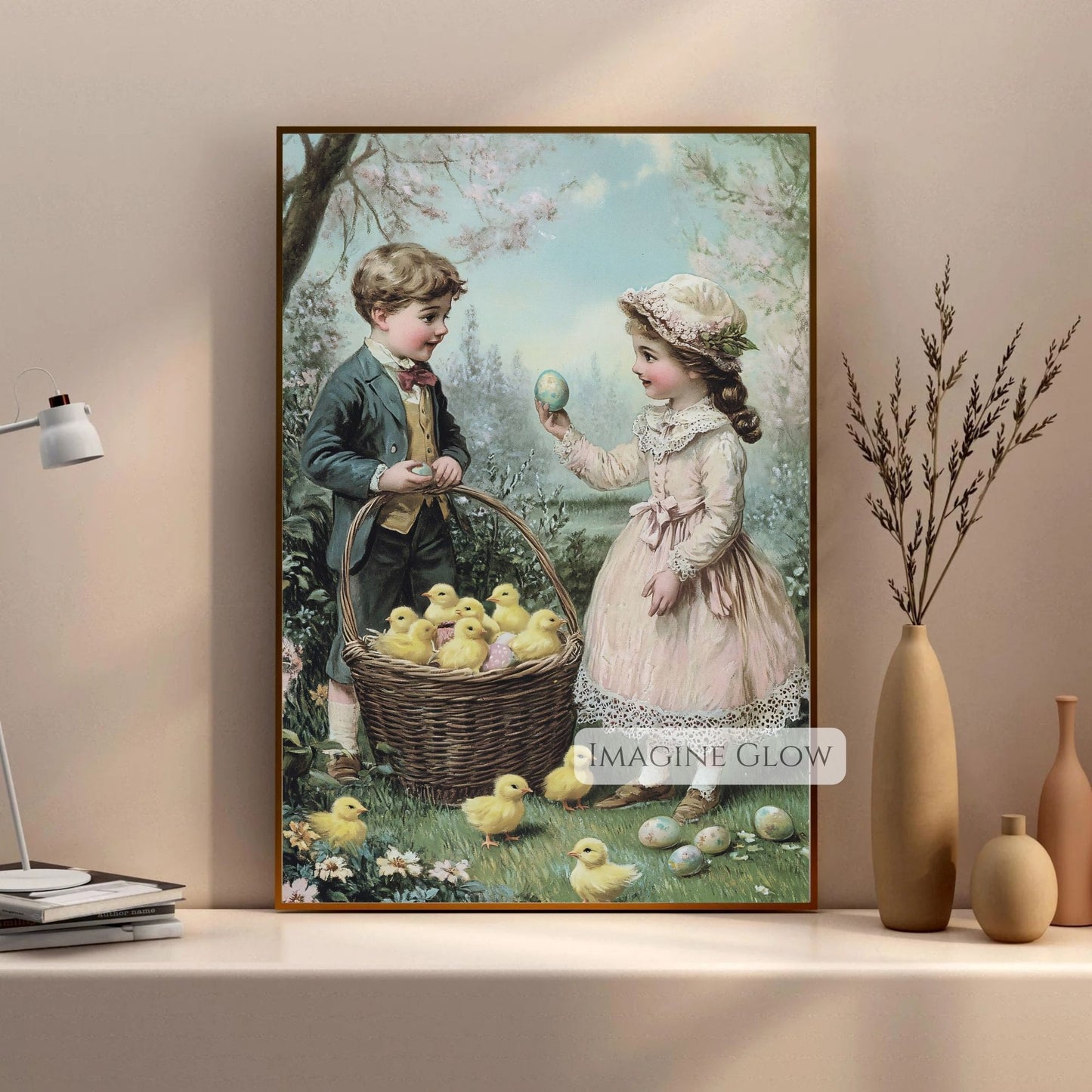 Spring garden scene with Victorian children and Easter eggs.
