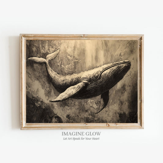 Vintage whale sketch art print for ocean lovers.

