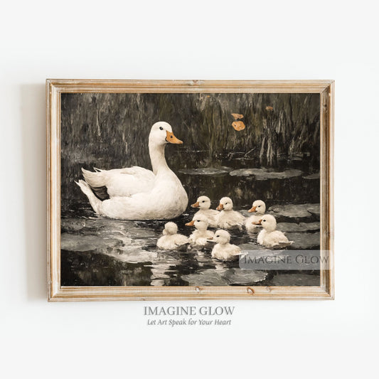 Vintage painting of a duck and ducklings in a pond
