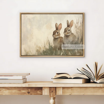 Nature-inspired artwork featuring two rabbits in a field
Serene wildlife art of two bunnies in a meadow
