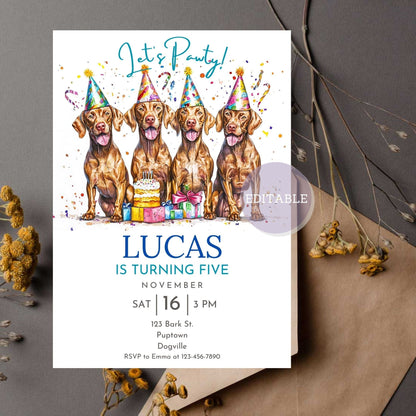 Vizsla dog birthday invitation for pet-themed celebrations.
