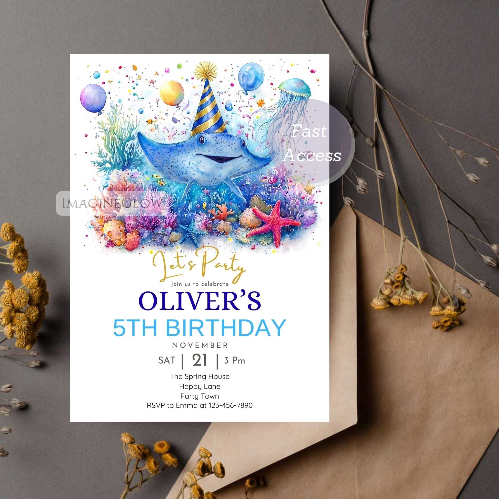 Hand-painted watercolor stingray and sea turtle birthday party invitation design.