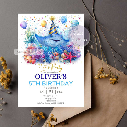 Hand-painted watercolor stingray and sea turtle birthday party invitation design.